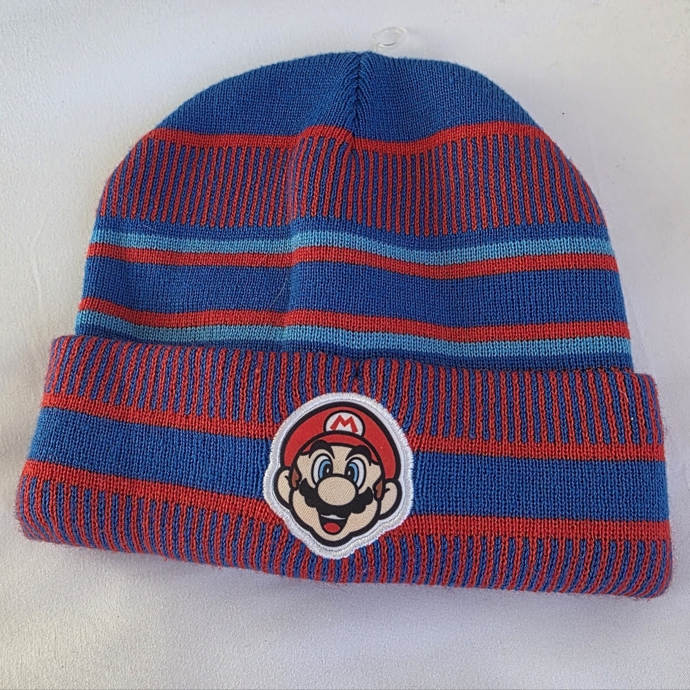 Super Mario Nintendo Blue and Red Striped Kids Winter Beanie Hat